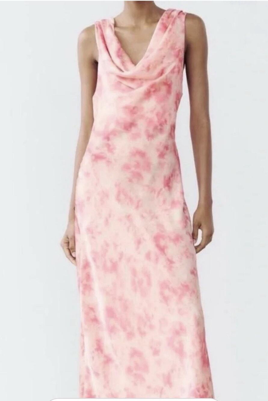 ZARA Pink Tie Dye Satin Strappy Tie Back Maxi Dress Size Large Y2K